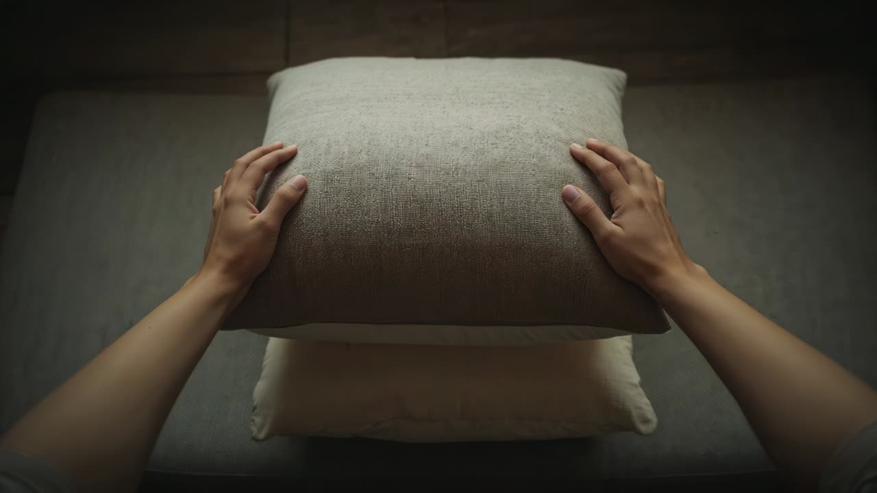 Mani adulte sistemano un cuscino grigio chiaro sul letto, centrando un cuscino color crema con un anello in mostra.
