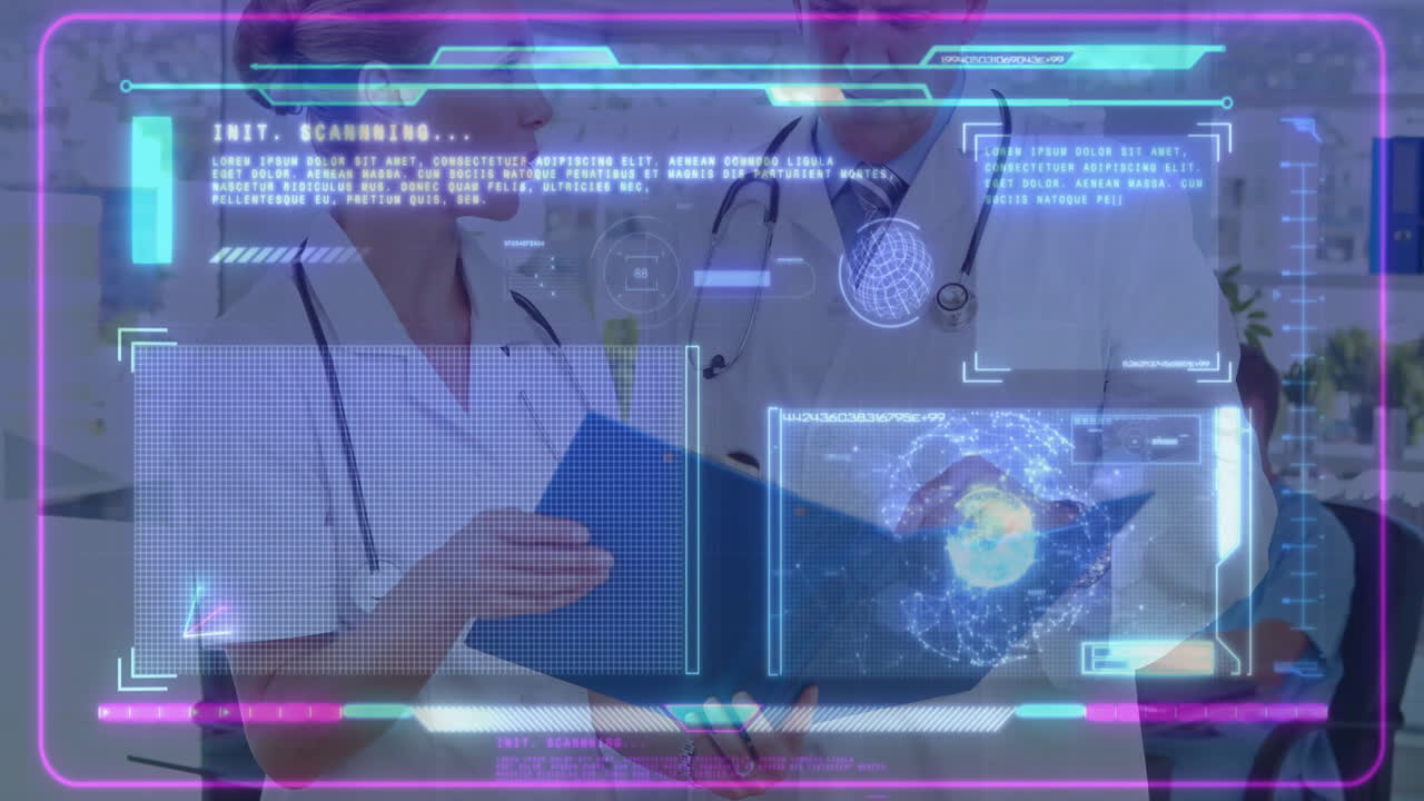 female doctor holding folder in clinic, while male doctor pointing holographic medical line graphs