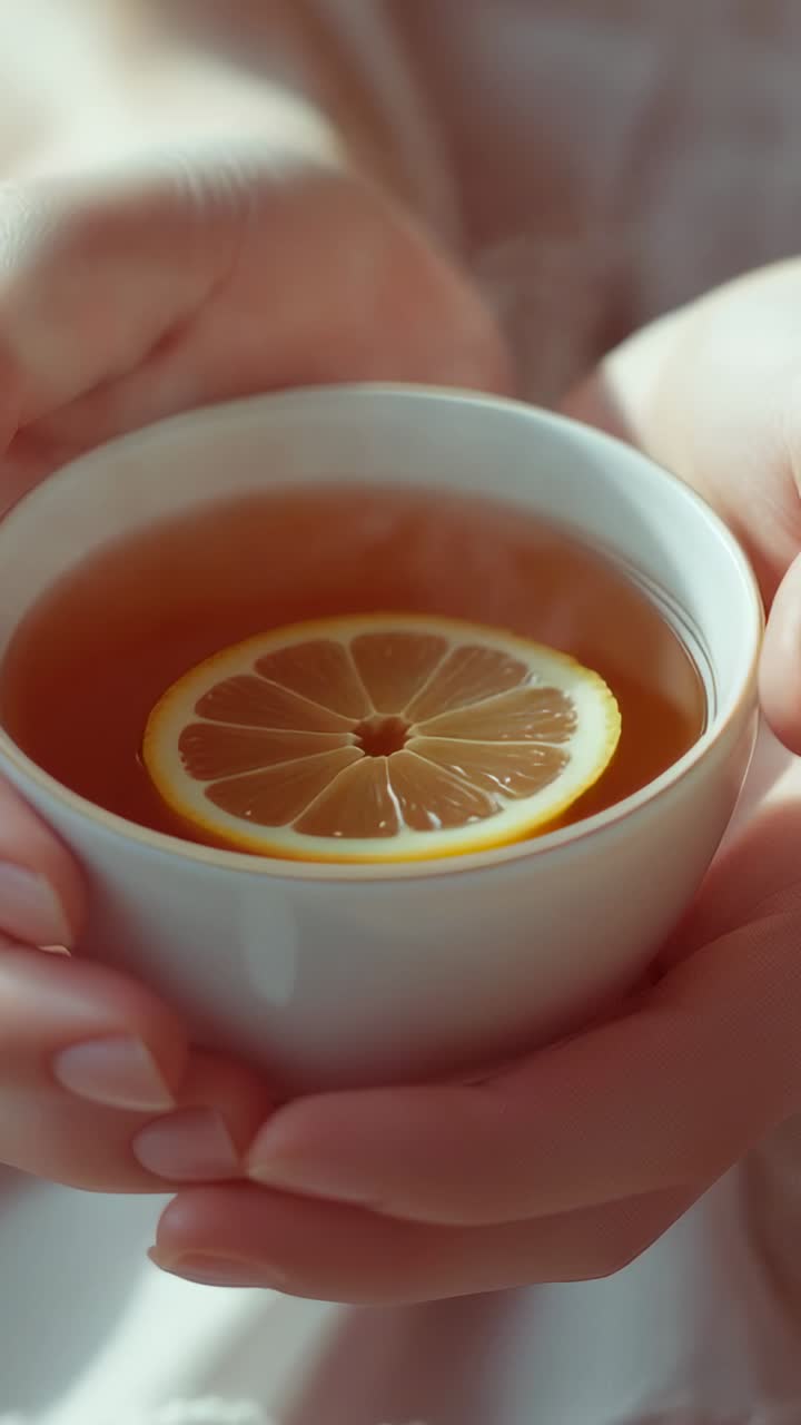 Vertical video: Bringing female hands holding tea cup with lemon slice on couch for calm reflection