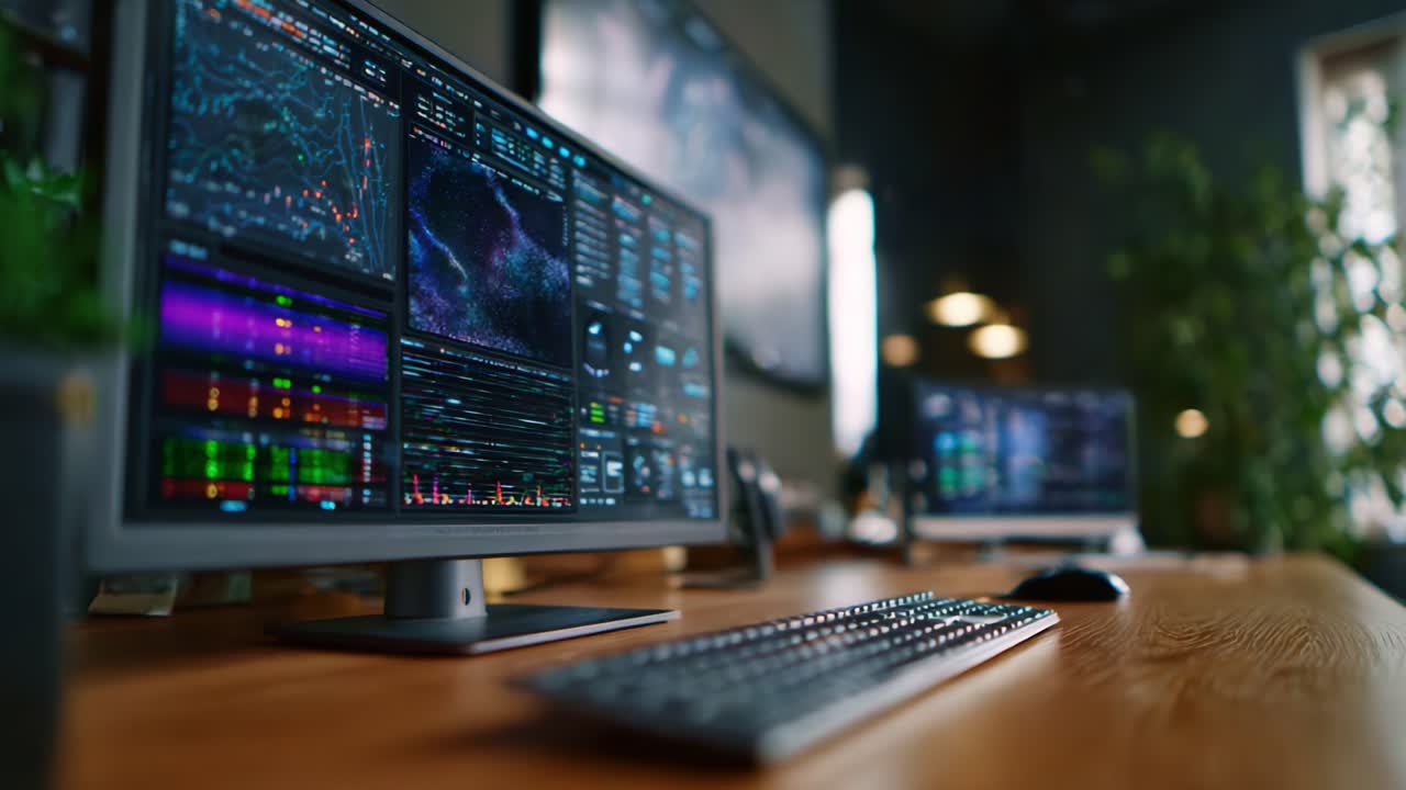 High-Tech Trading Station with Multiple Monitors Displaying Financial Data and Charts in a Modern Workspace Environment, Showcasing Advanced Analytical Tools
