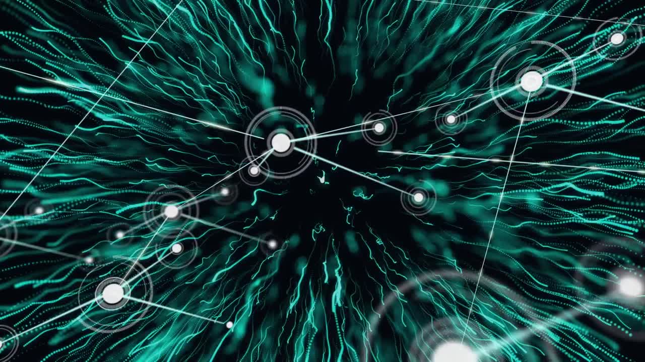 Animation of network of connections with digital icons over green explosion