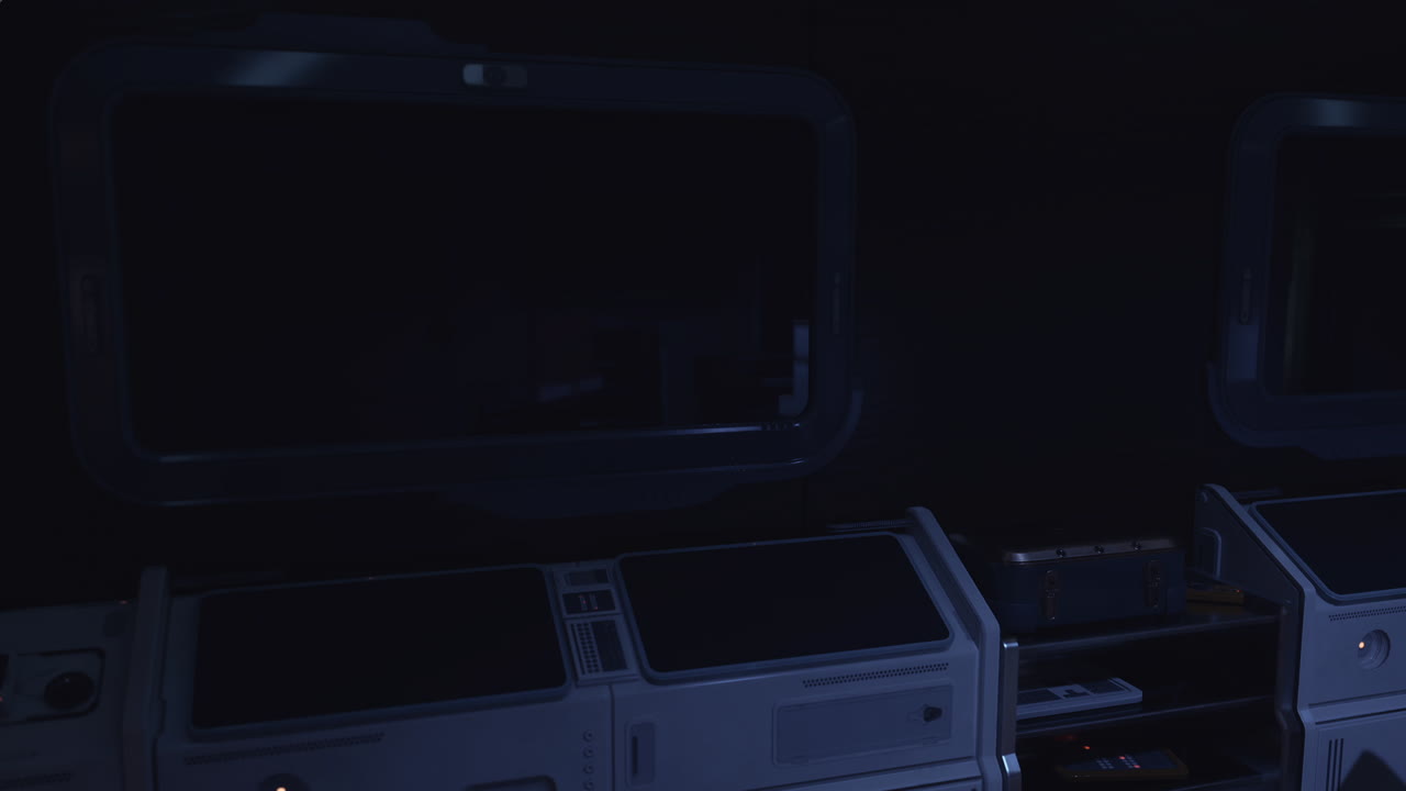 High tech control room in a dark environment showcasing modern equipment