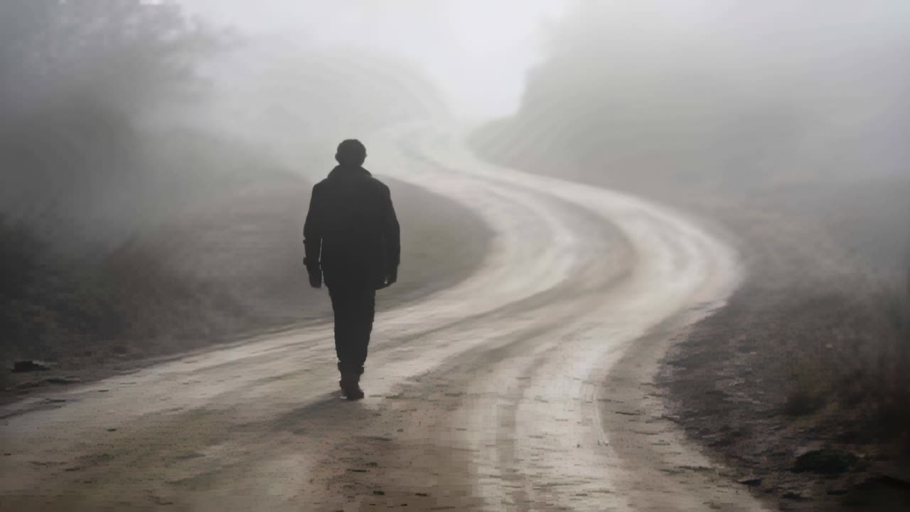 Stepping man in dark coat and boots, walking along unpaved road with tire tracks in fog