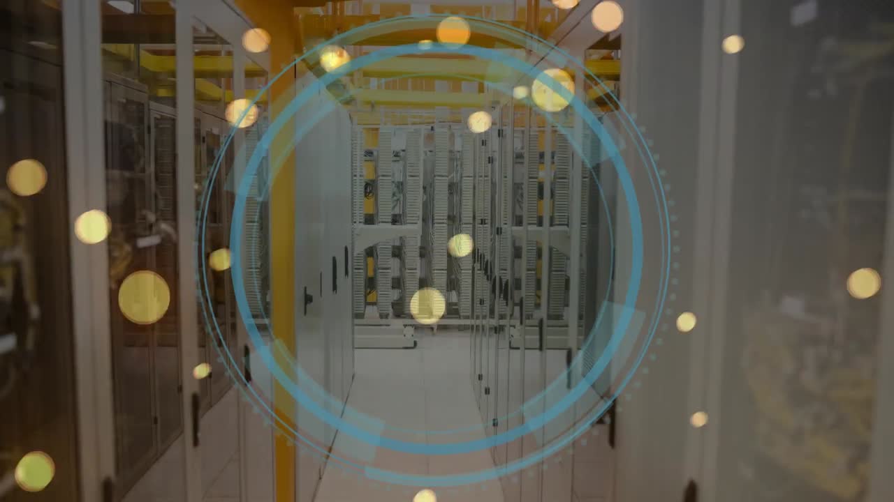 데이터 서버 방 위에 떨어지는 렌즈 플레어와 로딩 서클의 애니메이션