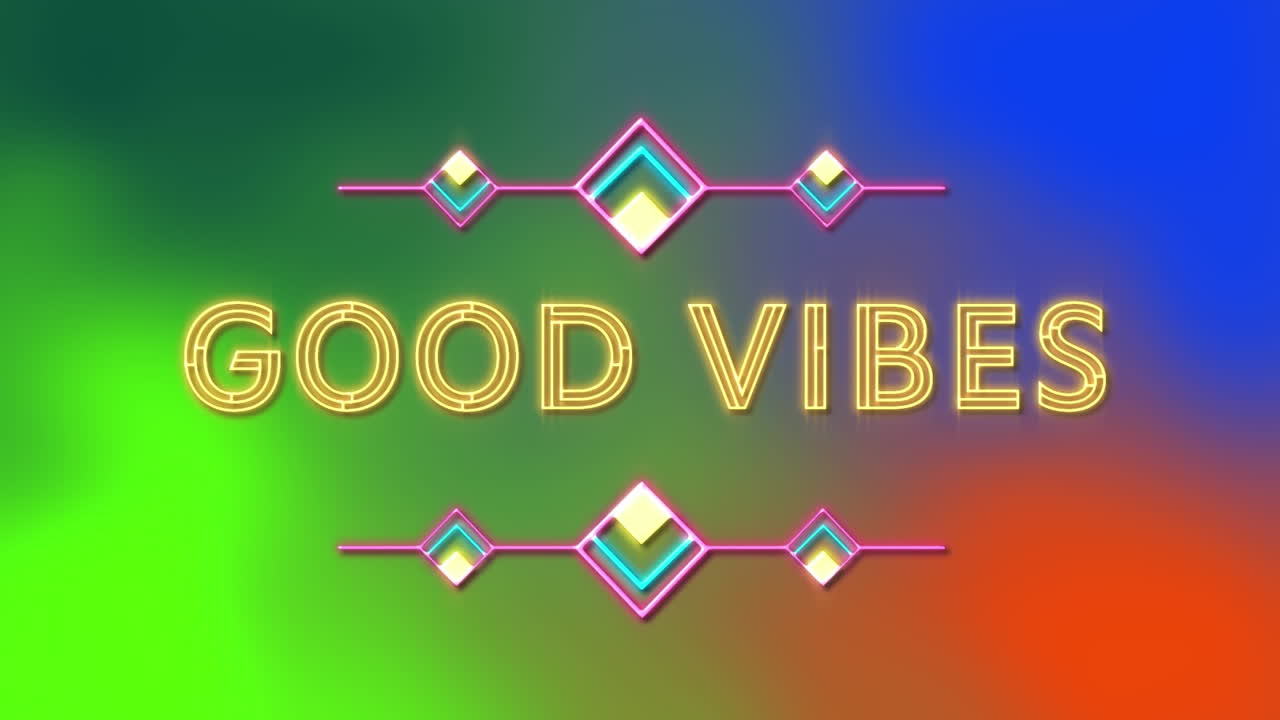 animación digital de neón buenas vibraciones texto contra un fondo de gradiente colorido