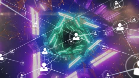Animation-of-network-of-connections-over-neon-geometrical-shapes