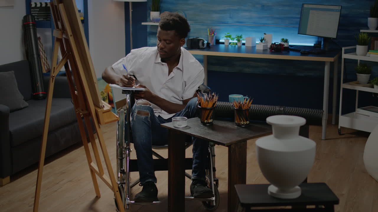 Black disabled artist working on modern drawing at studio
