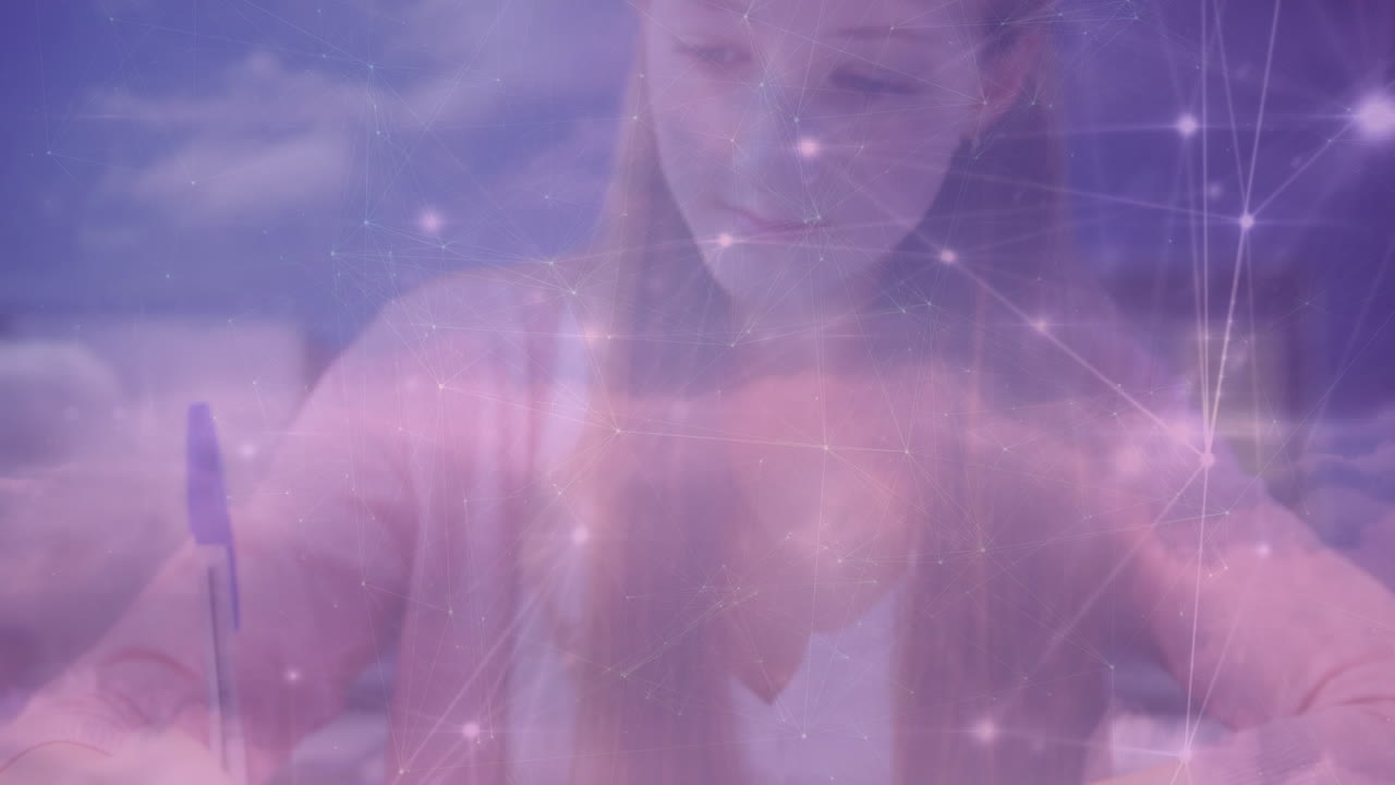 animación de la red de conexión sobre colegiala caucásica