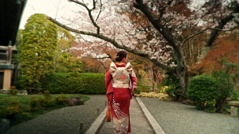 woman in kimono at a springtime japanese garden