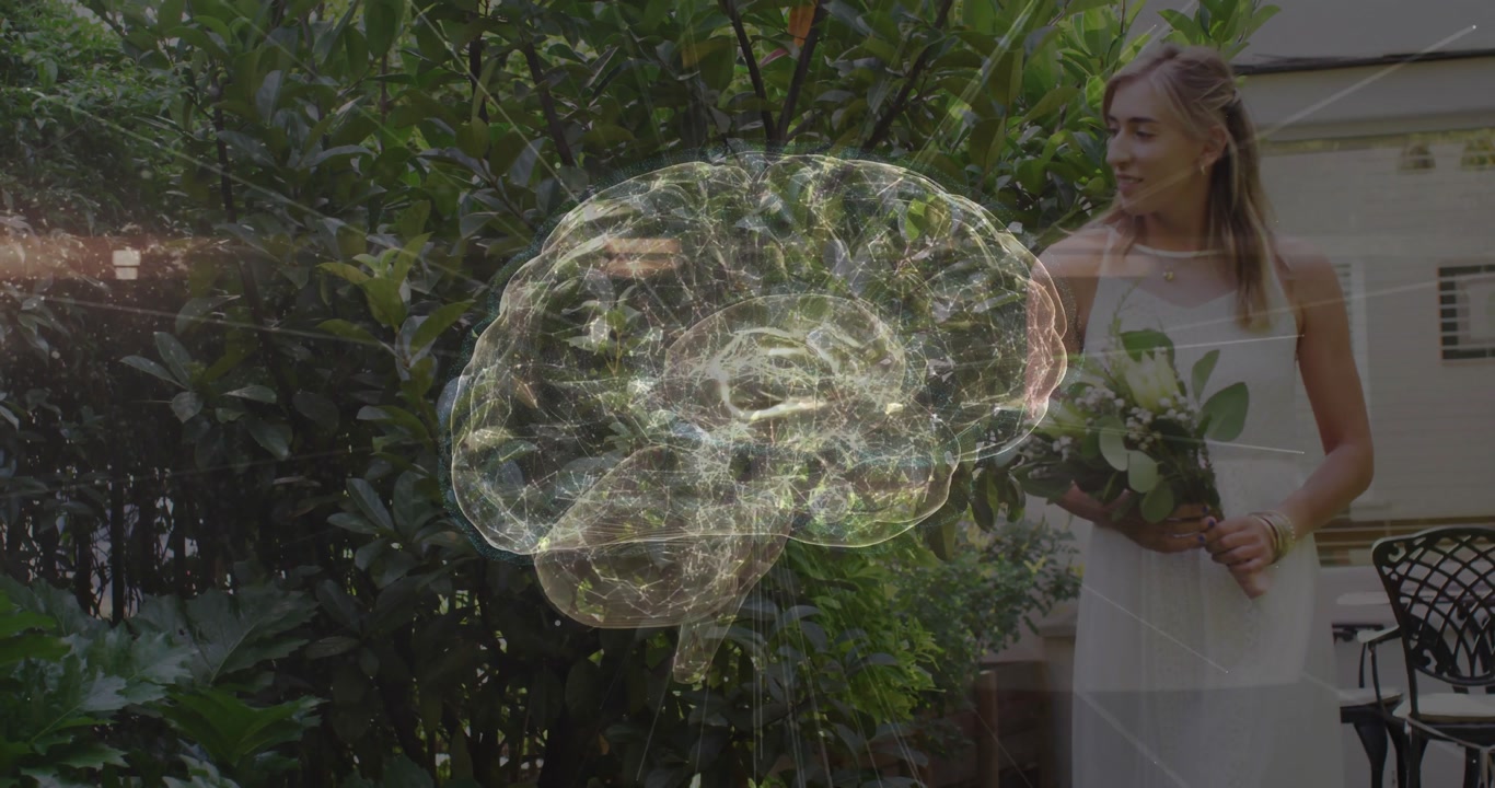 woman holding bouquet standing garden patio, displaying brain network overlay for tech marketing
