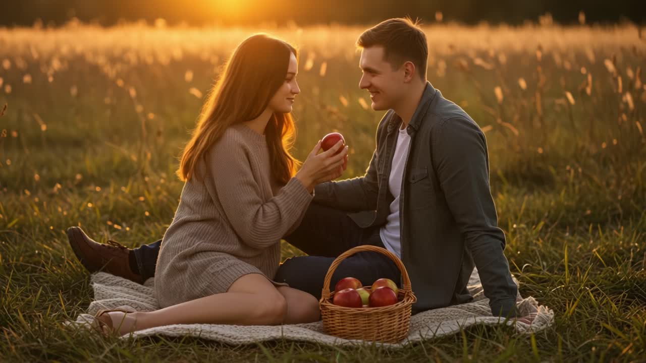 Coppia romantica che fa un picnic in un campo dorato al tramonto