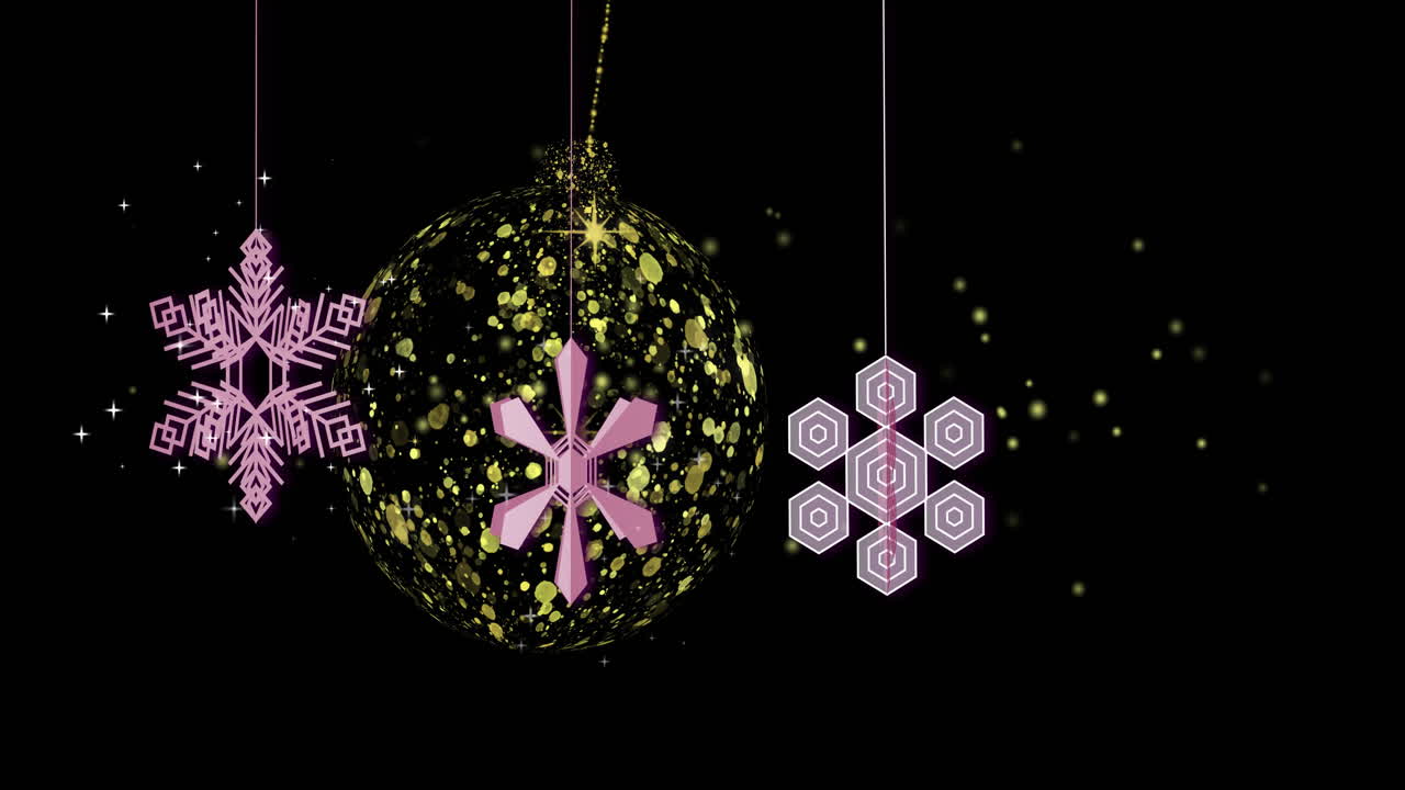 Snowflakes animation over black background with Christmas decorations