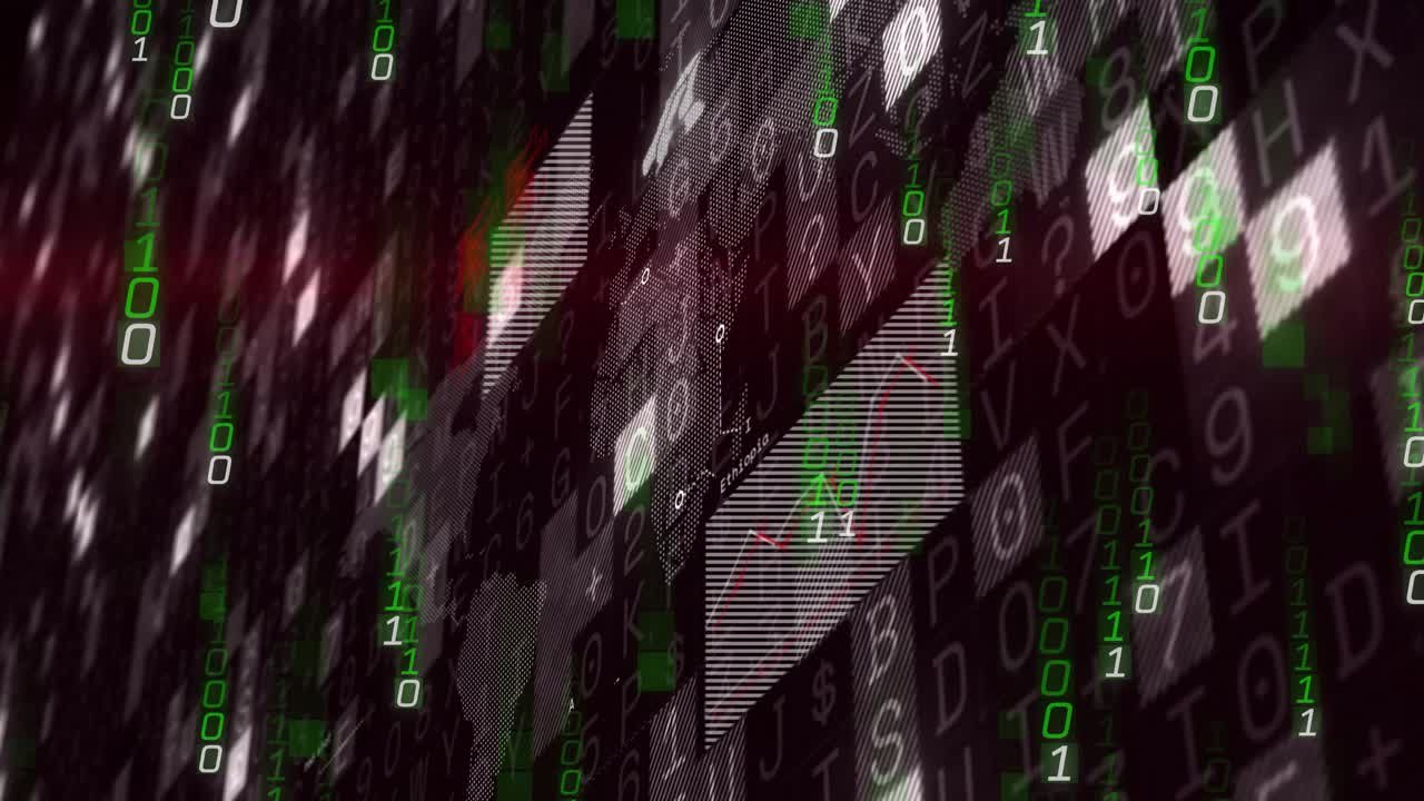 Opening alphanumeric grid streaming binary data and sliding red chart showing data updates