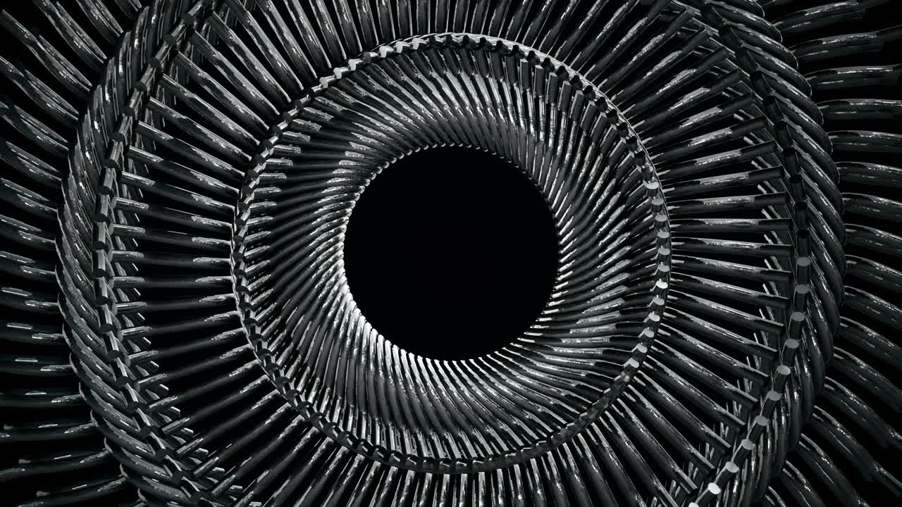 Motivo circolare ripetuto di pezzi di metallo, in loop continuo