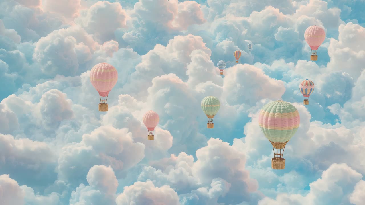 Bulutlarla dolu gökyüzünde hareket eden pastel renkli sıcak hava balonlarının oluşturduğu kümeler, hafif esintiyle hareket ediyor