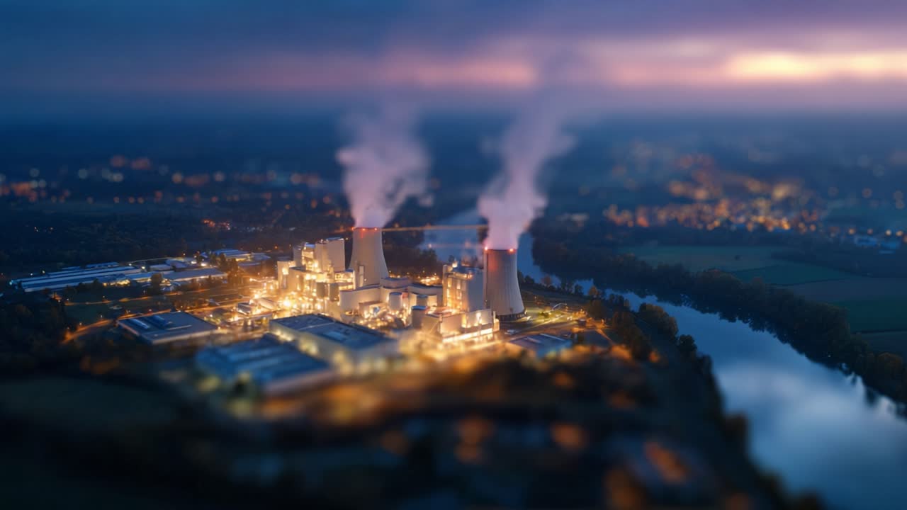 Centrale elettrica industriale che emette fumo al tramonto, evidenziando la produzione di energia e le preoccupazioni ambientali, con un fiume sereno nelle vicinanze.