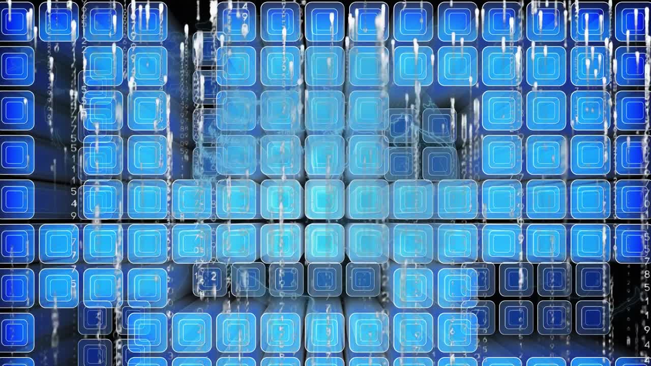 animación de rastros de luz blanca que caen sobre cubos azules brillantes con rastros de humo en círculo