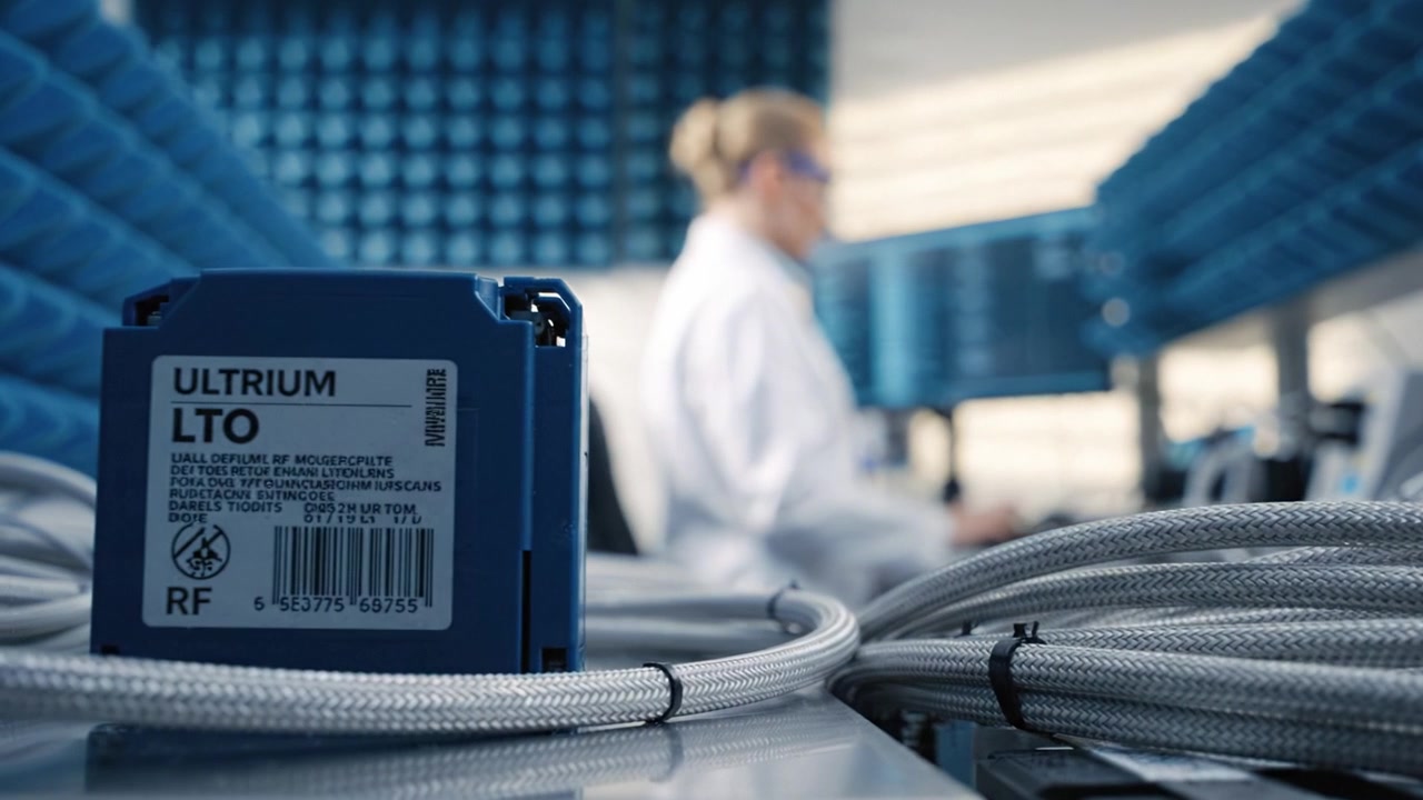 A scientist in a laboratory setting works with cables and technology while focused on computer screens, exploring data storage solutions with precision and expertise.