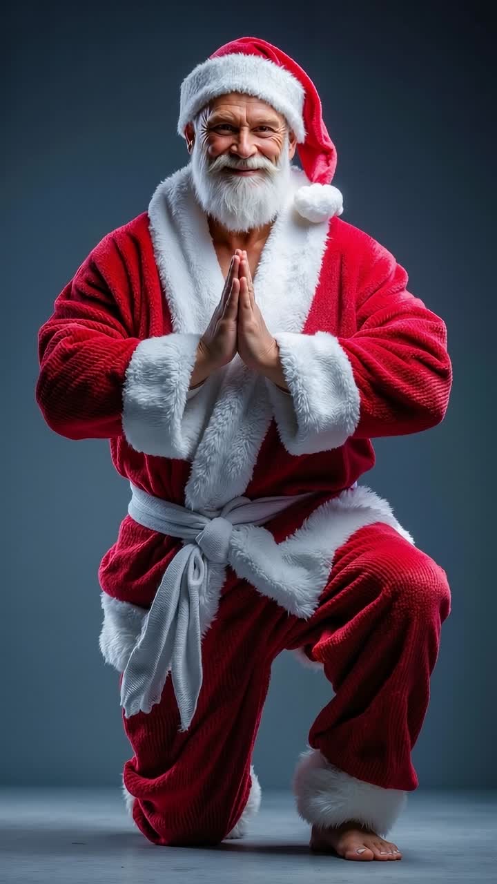 A man dressed as Santa Claus is doing yoga poses