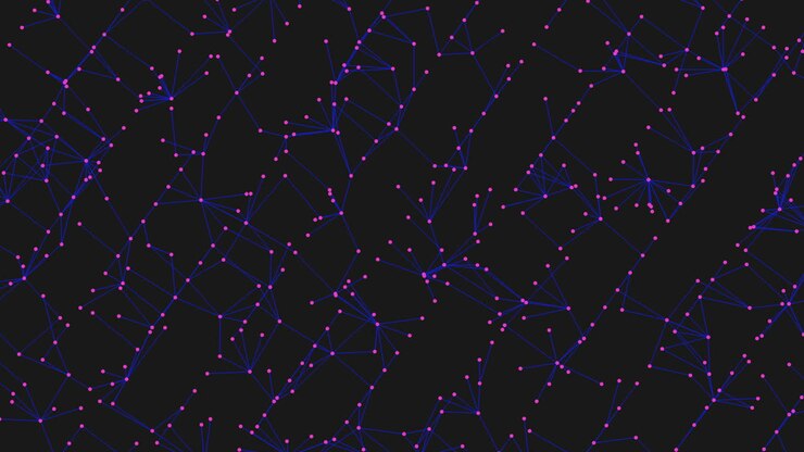 Starry constellation grid mesmerizing blue and orange dots on black background