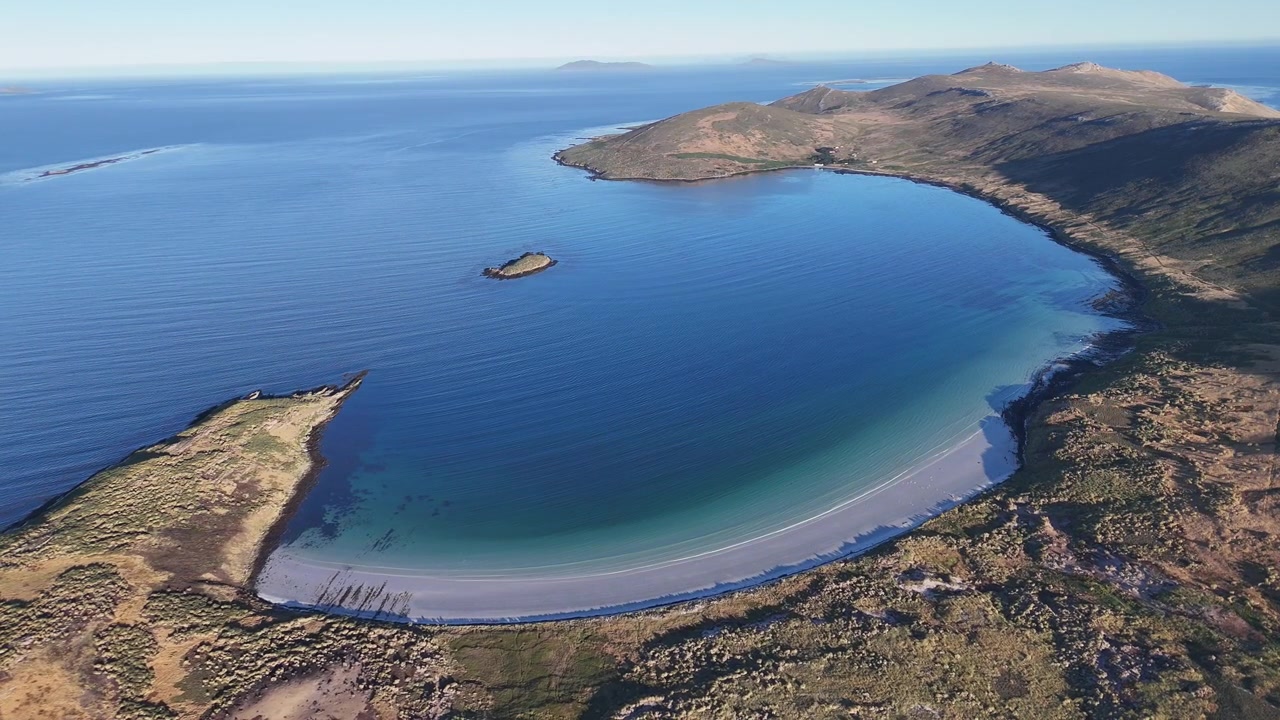 Vista aerea dell'isola Carcass con una costa frastagliata e un paesaggio insulare remoto nelle Isole Falkland, ampio filmato da drone.