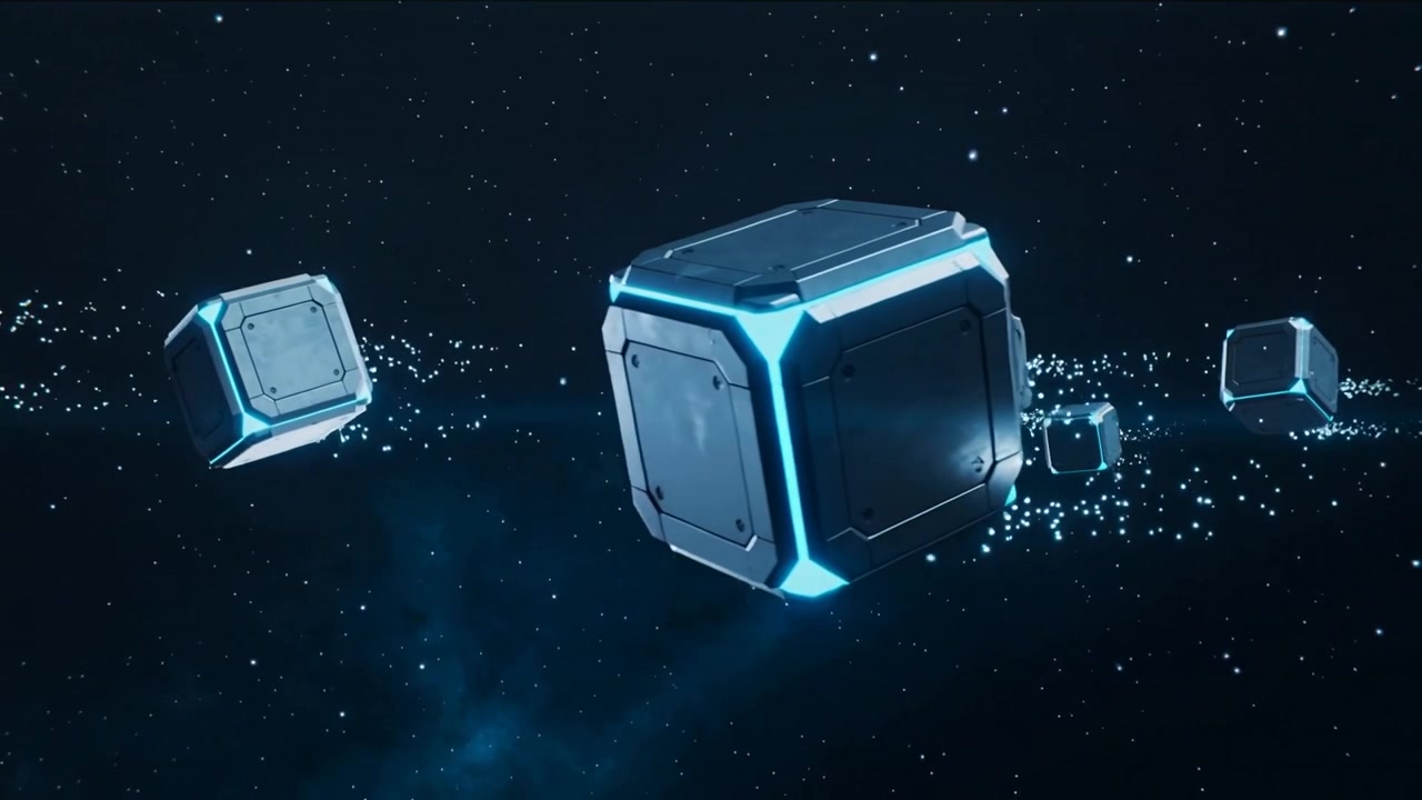 Starting, lead lit blue trim cube approaching viewer in space trailing sparks and leading cubes