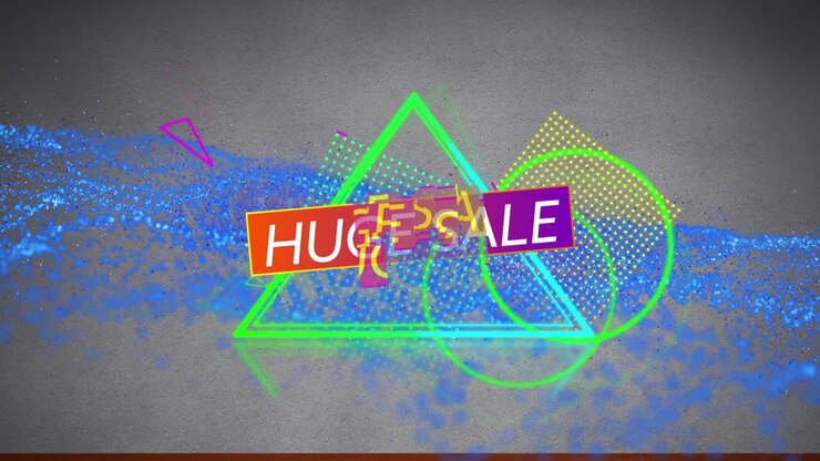 Animation of huge sale text over geometrical shapes