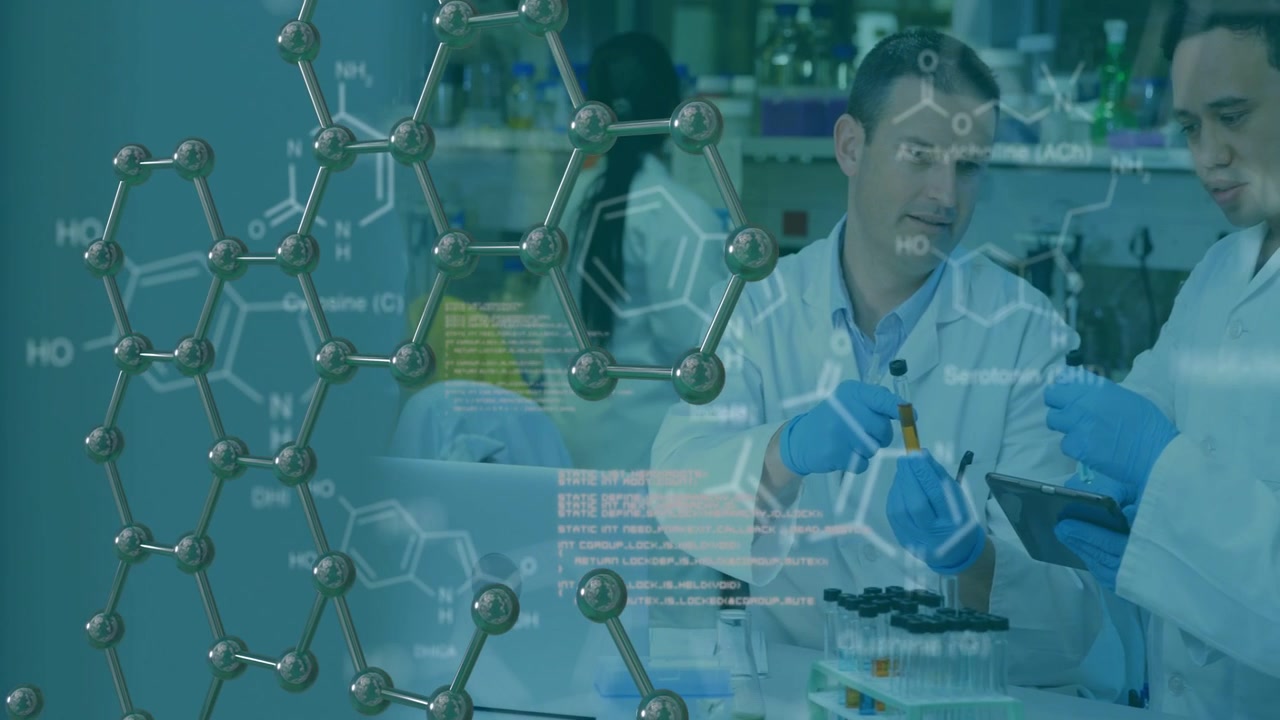Camera revealing team inspecting vial in chem lab for data check, molecular overlay guiding tablet