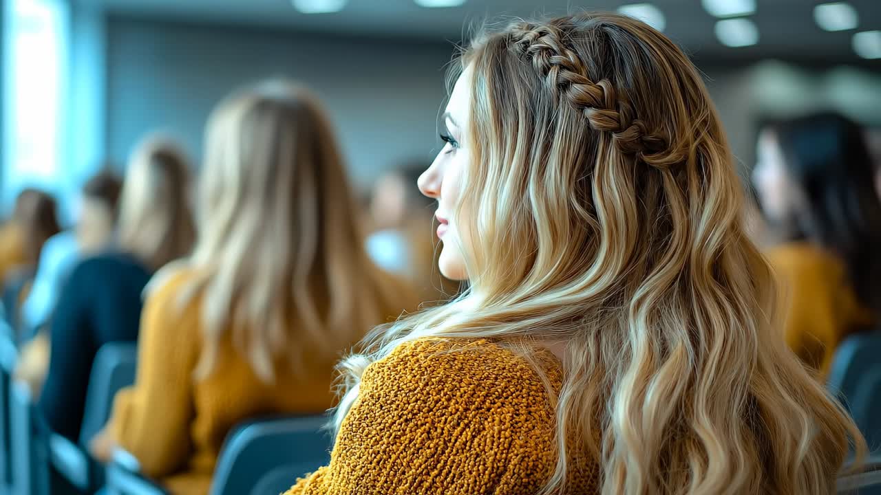 Women at a lecture. Women sit in a conference room listening to a speaker during a lecture while some take notes on their devices