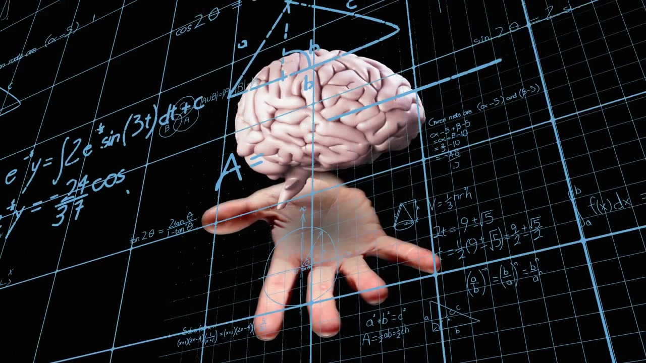 Brain on fleshy palm descending into wire grid, rotating while math formulas spreading, education