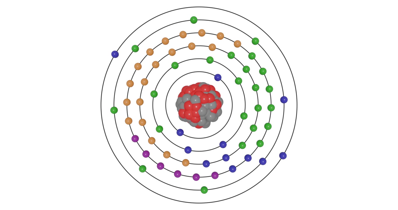 3D animation of Samarium atom showing shells, subshells, electron orbits, and nucleus with protons and neutrons, illustrating atomic structure and energy levels for STEM education visuals in chemistry