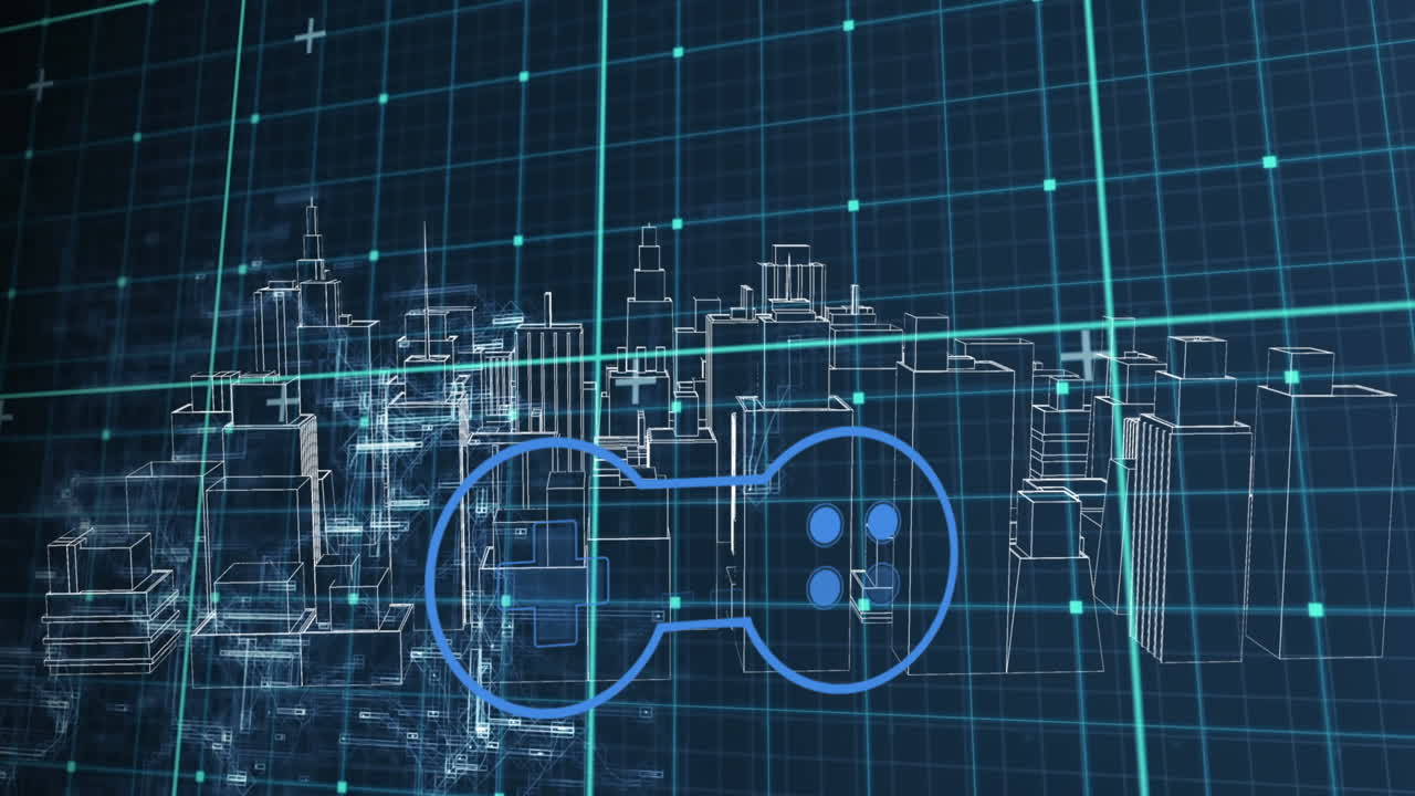디지털 도시 풍경 위의 게임패드 아이콘의 애니메이션