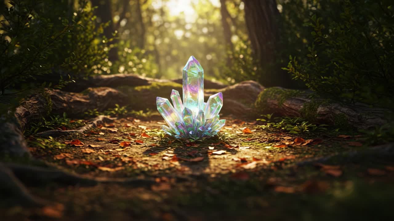 A Radiant Crystal Formation Illuminates a Serene Forest Clearing, Capturing Magic and Wonder in Nature's Embrace, Surrounded by Lush Greenery and Autumn Leaves