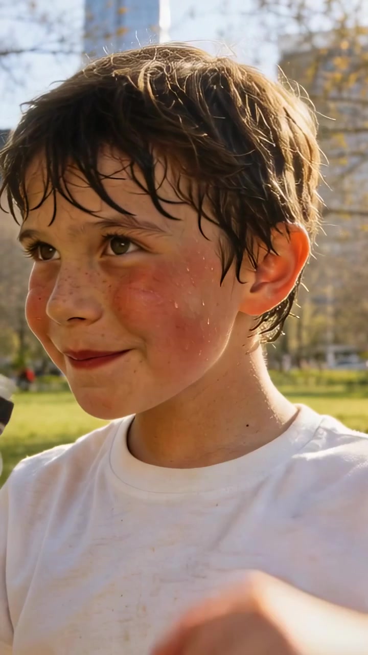 Video verticale: Ragazzo preadolescente in maglietta chiara che sorseggia da una bottiglia d'acqua e si asciuga il viso dopo una corsa al parco.