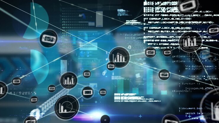 Animation of network of digital icons over interface with data processing against blue background
