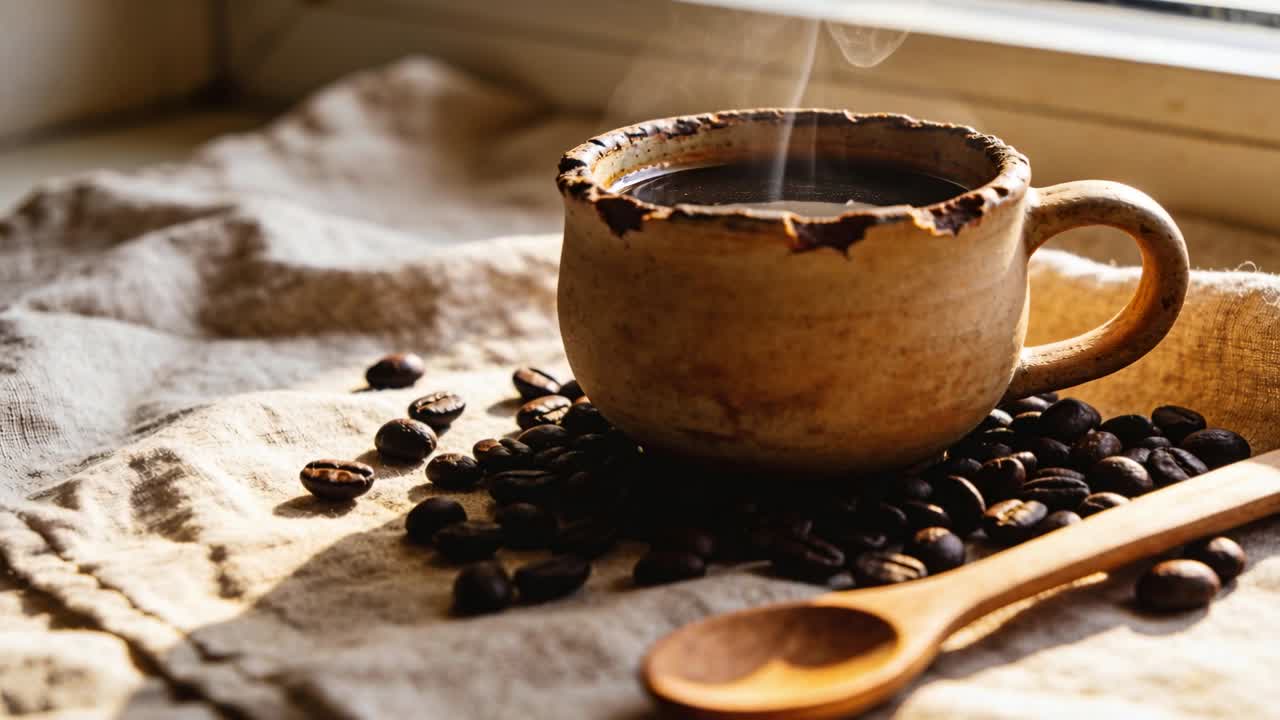 Nærbillede af en kaffekop af keramik med skår, der damper ved et vindue, kaffebønner og en træske.