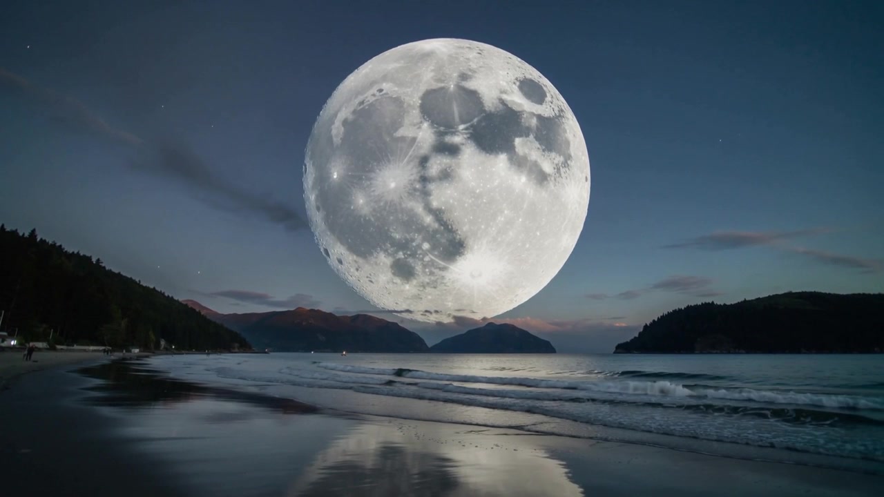 Lua cheia nascente entre promontórios, com nuvens à deriva e ondas a refletir na areia molhada ao anoitecer.