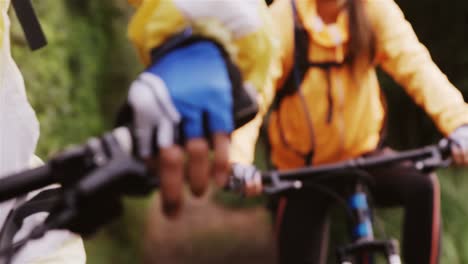 Mountain-biking-couple-riding-in-the-forest-on-a-sunny-day