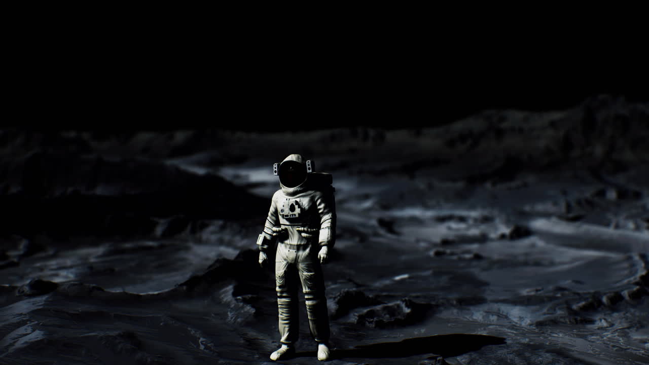 Astronaut figure explores the surface of the moon under a dark sky