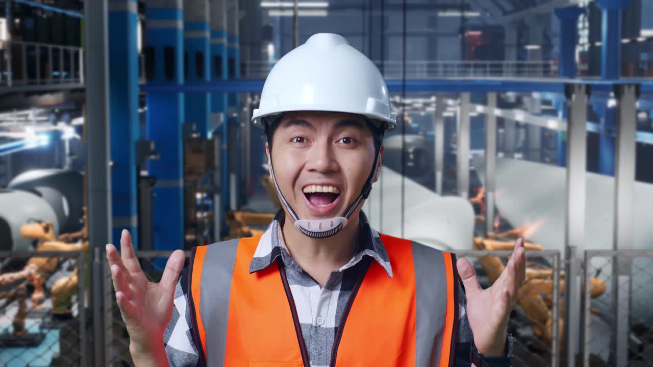 안전 헬을 입은 아시아 남성 엔지니어가 풍력 터빈 제조 공장에서 서서 카메라에 미소 짓고 로 팔이 작동하는 동안 와우라고 말합니다.