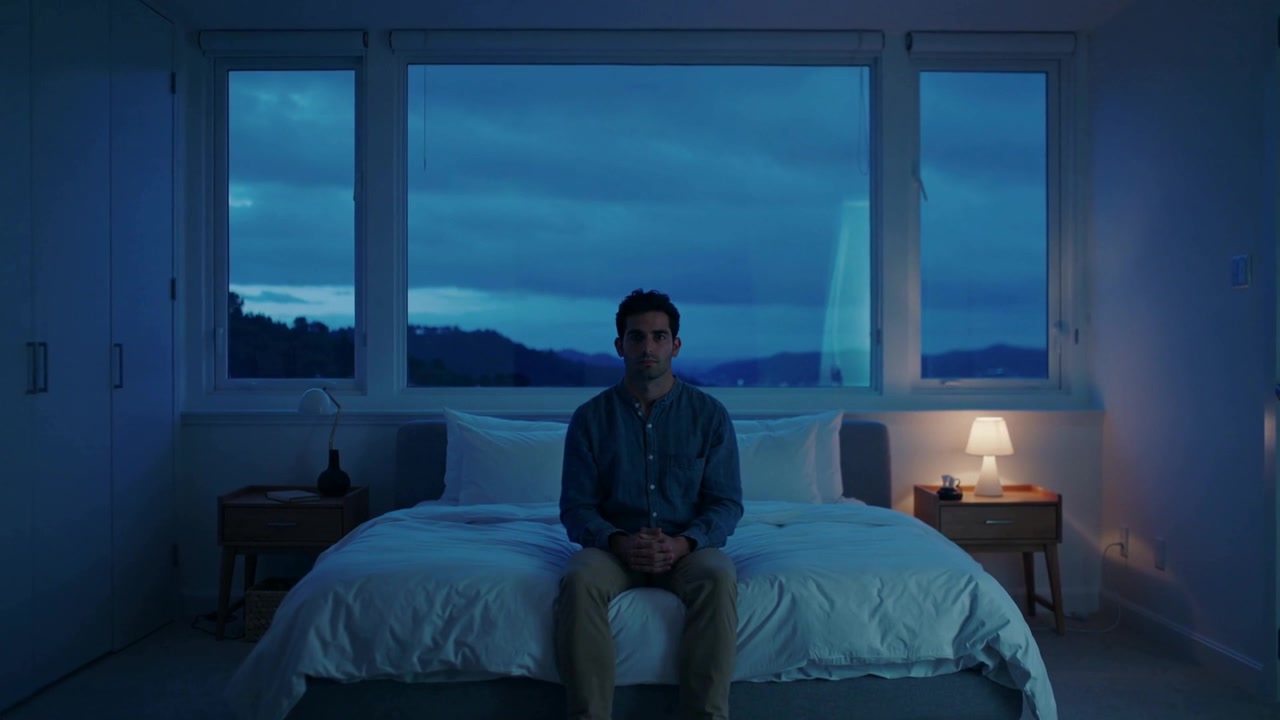 Sitting man blue shirt tan pants clasping hands on bed near lamp and window, camera rolling