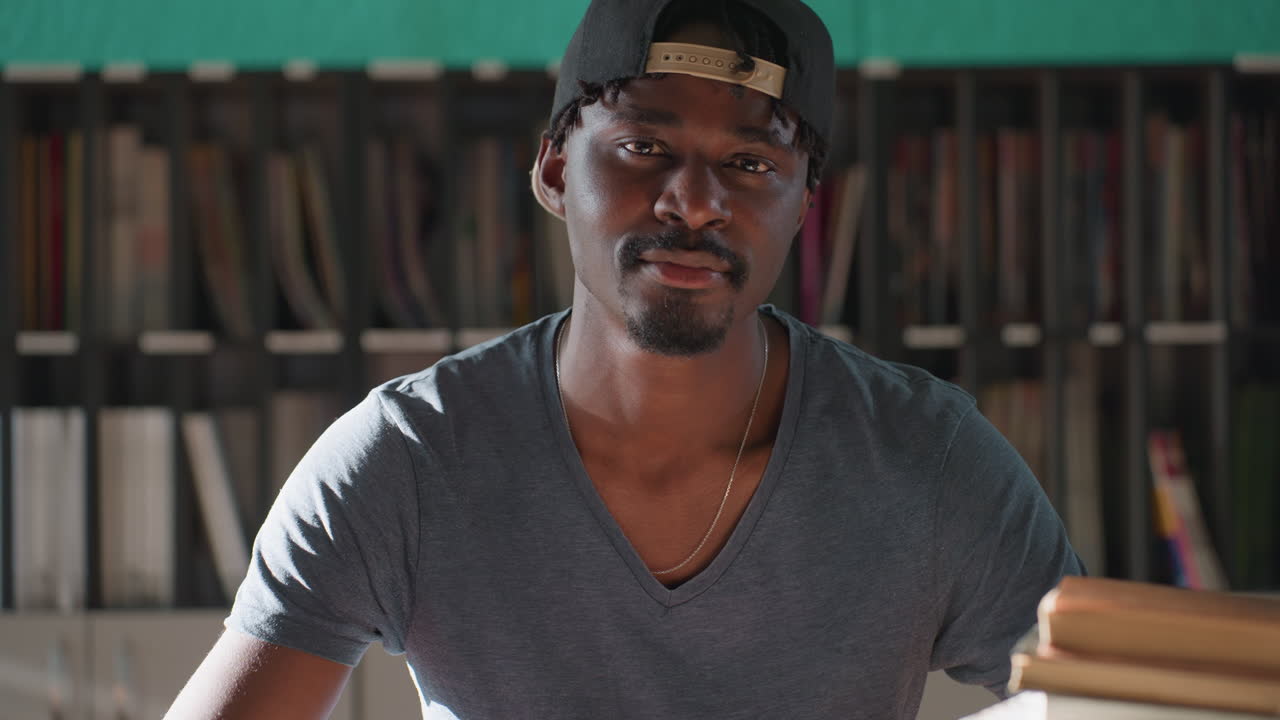 Young man in cap sits at library table with stack of books, teal wall and organized shelves in background, lowering gaze before lifting head slowly, bathed in light and showing calm studious demeanor