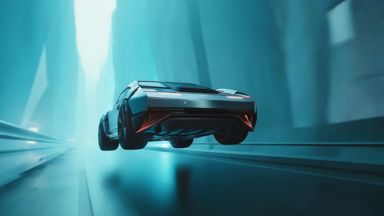 Futuristic Hover Car Speeds Through a Neon Blue Abstract Environment