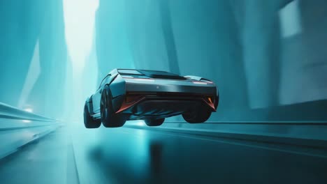 futuristic hover car speeds through a neon blue abstract environment