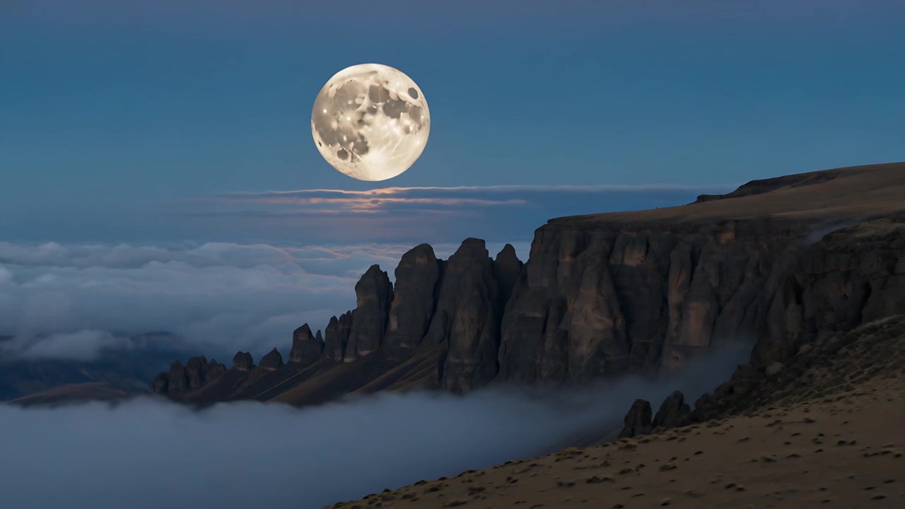 Lua cheia a descer e pináculos de rocha irregulares com luz mutável sobre um vale crepuscular, com neblina a avançar