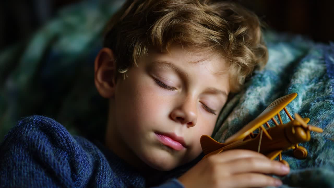 A serene moment captured as a young boy peacefully sleeps, holding his cherished toy airplane, embodying dreams of adventure and exploration in the quiet comforts of home