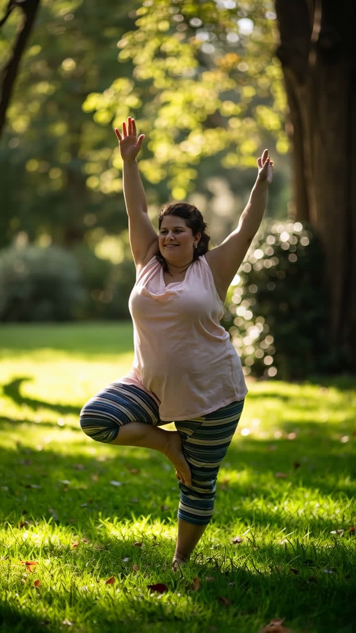 Mujer practicando yoga en un parque, realizando la postura del árbol