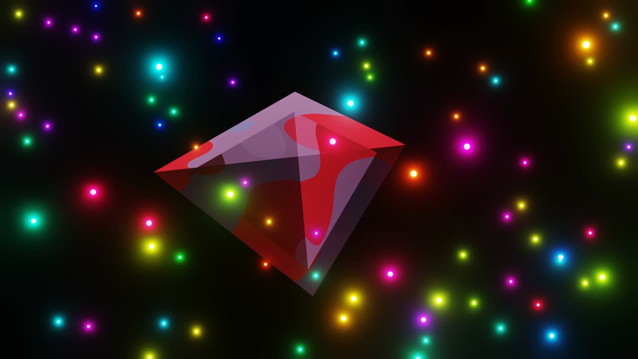 피라미드는 날아다니는 색의 입자로 둘러싸여 있습니다.