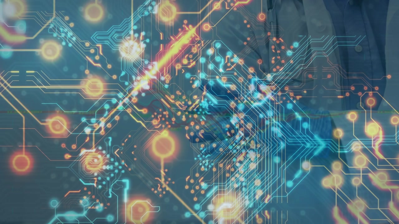 Animation of integrated circuit over hands of caucasian male doctor
