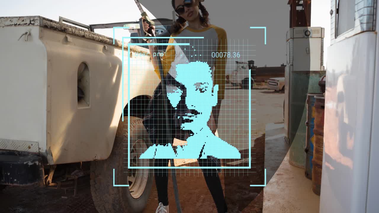 Animace digitálního rozhraní nad ženami tankujícími auto